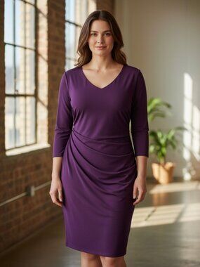 Ralph Lauren Women Purple Ruched Jersey Dress 3/4 Sleeve V-Neck Lined 14 EUC